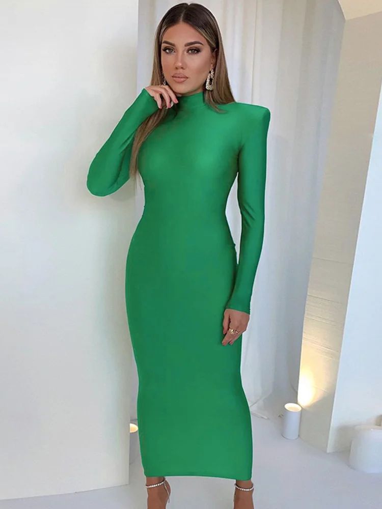 Elegant Green Long Sleeve Bodycon Maxi Dress with Shoulder Pads – Party & Club Evening Gown