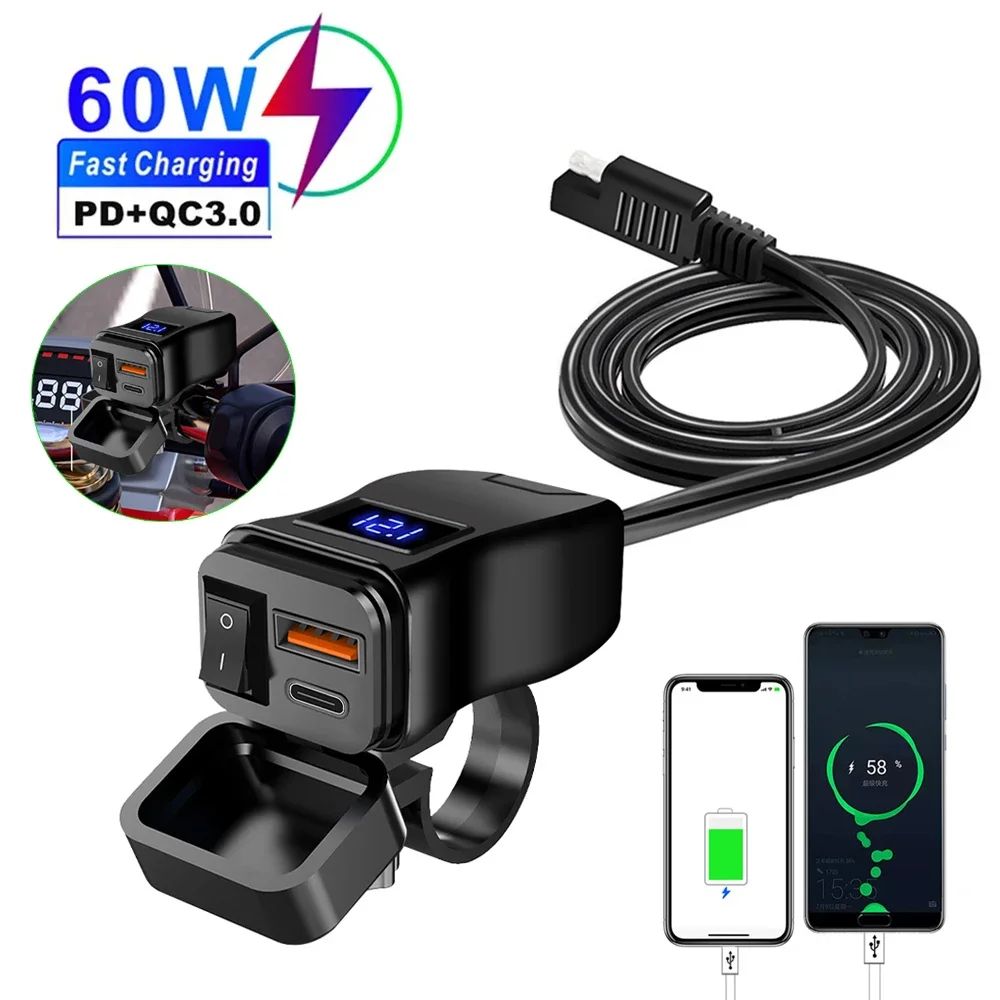 PD QC3.0 Motorcycle USB Fast Charger 60W Dual Handlebar Power Adapter