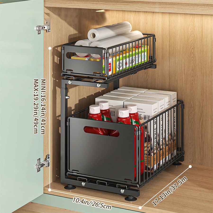 Adjustable Pull Out Under Sink Organizer 2 Tier Sliding Cabinet Shelf Storage
