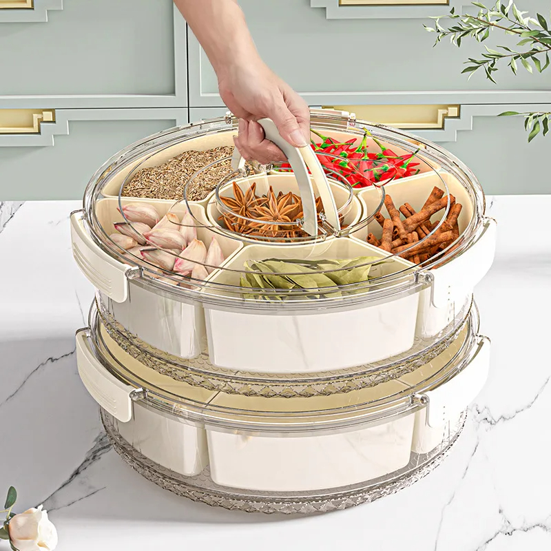 Food Storage Dried Fruit Snack Plate, Rotatable Storage Container, Snack and Vegetable Tray with Lid and Hand