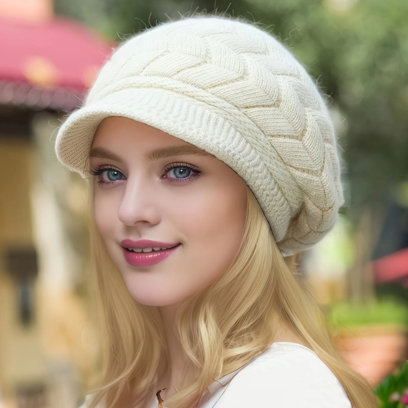 Retro Winter Knit Beanie with Brim for Women – Warm Ski, Run & Outdoor Cap