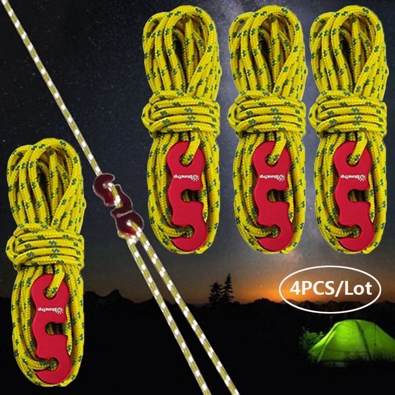 Reflective Guy Line Ropes (4-Pack) – Reinforced windproof tent ropes with Adjustable Buckles for Tent, Canopy & Tarp Tie