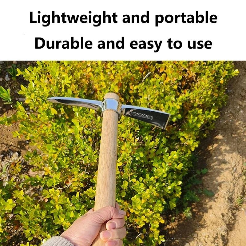 Stainless Steel Gardening Pickaxe with Wooden Handle for Root Digging and Soil Loosening