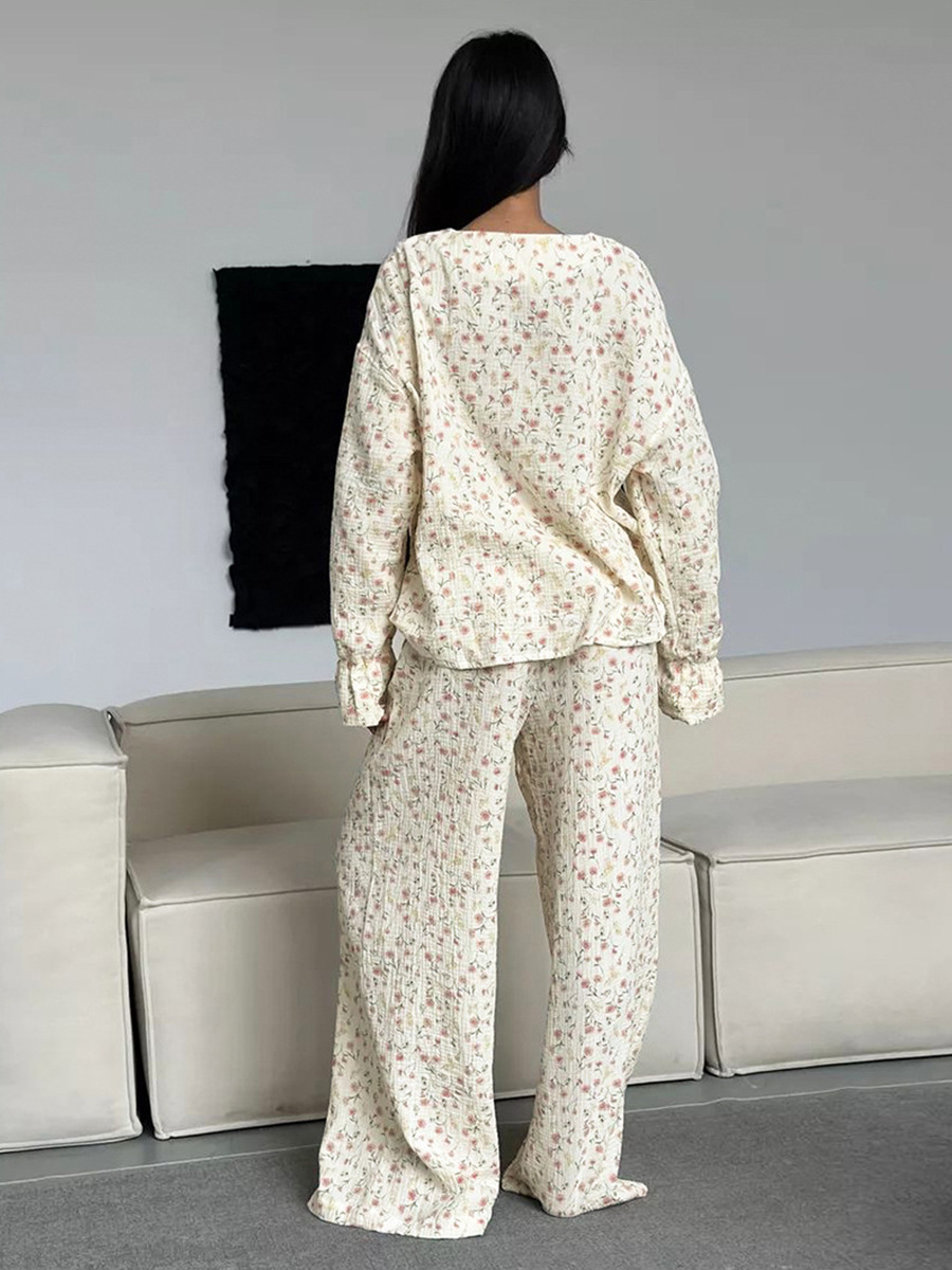 Women's New Autumn Muzuleva Cotton Printed Cardigan Pajama Set, Long Sleeved Pants Pajamas, Loose Home Clothing Set