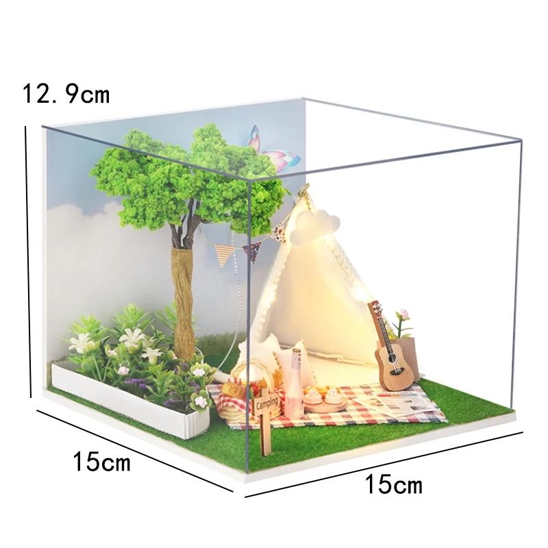 DIY Wooden Mini Dollhouse with Furniture and LED Lights
