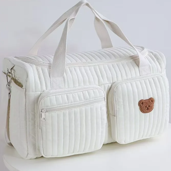Baby Diaper Bag, Cute Bear Flower Embroidery Pattern, Beige Cotton Fabric Mommy Bag, Zipper Diaper Handbag, New Luggage