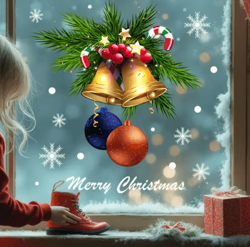 Reusable Christmas Window Stickers – Static Cling Golden Bells, Red Berries & Snowflakes (1pc / 2pcs)