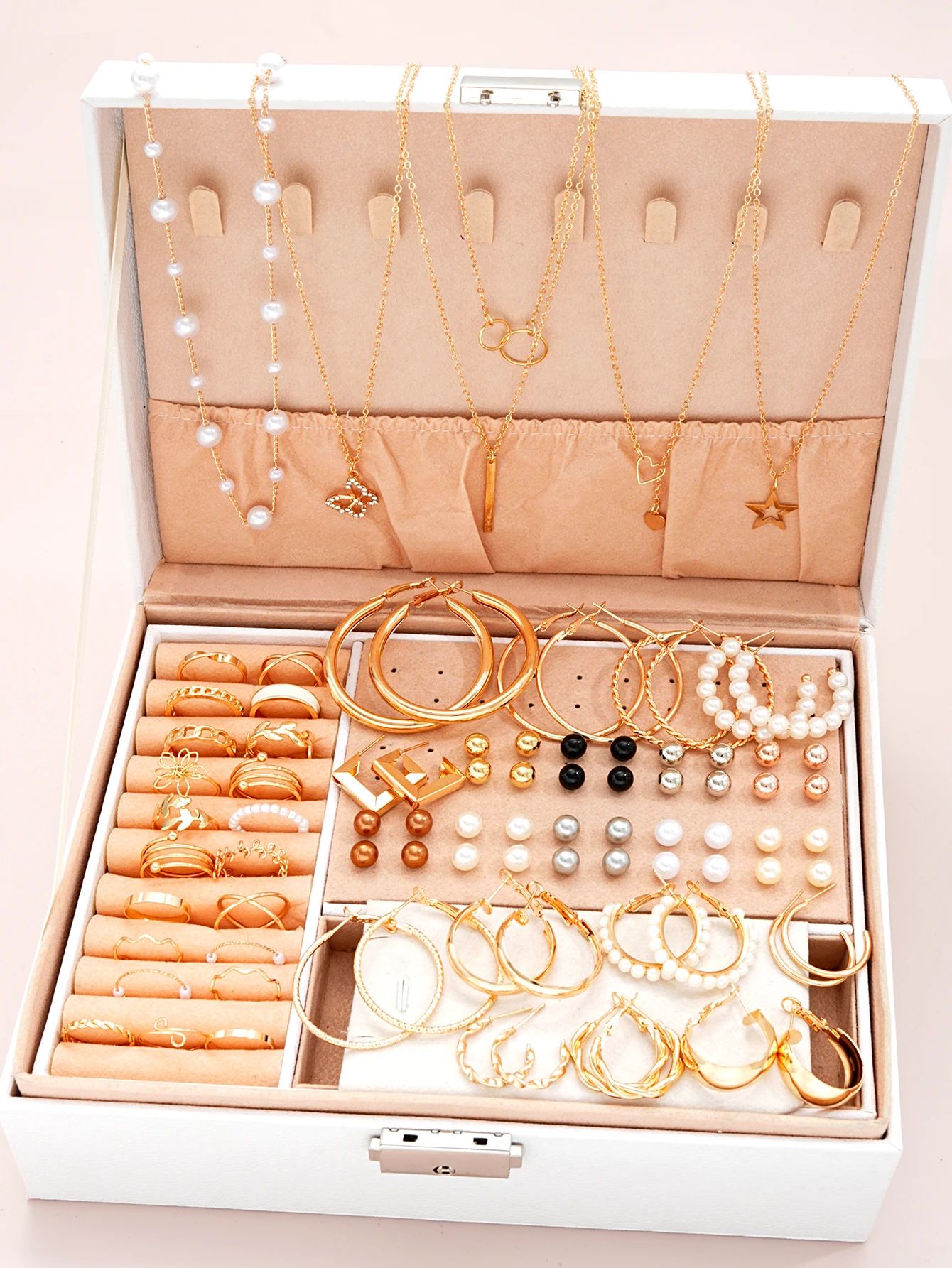 86-Piece Elegant Pearl Jewelry Set – Multi-Layer Necklace, Earrings, Rings & Stud Collection