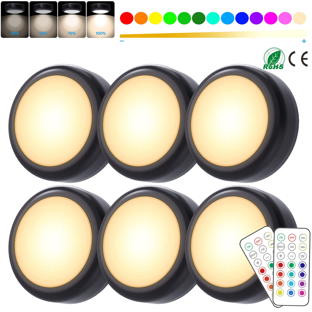 Wireless RGBW LED Puck Lights with Remote Dimmable Under Cabinet & Closet Night Lamp