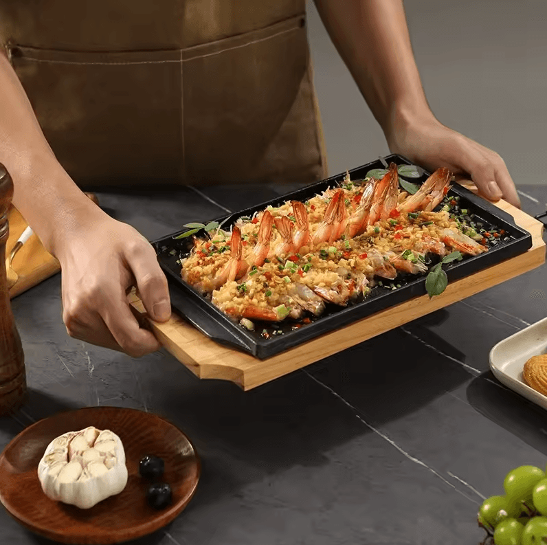 Cast Iron Sizzling Hot Plate | Rectangle Barbecue Steak Pan with Wooden Base for Teppanyaki & Grilled Fish