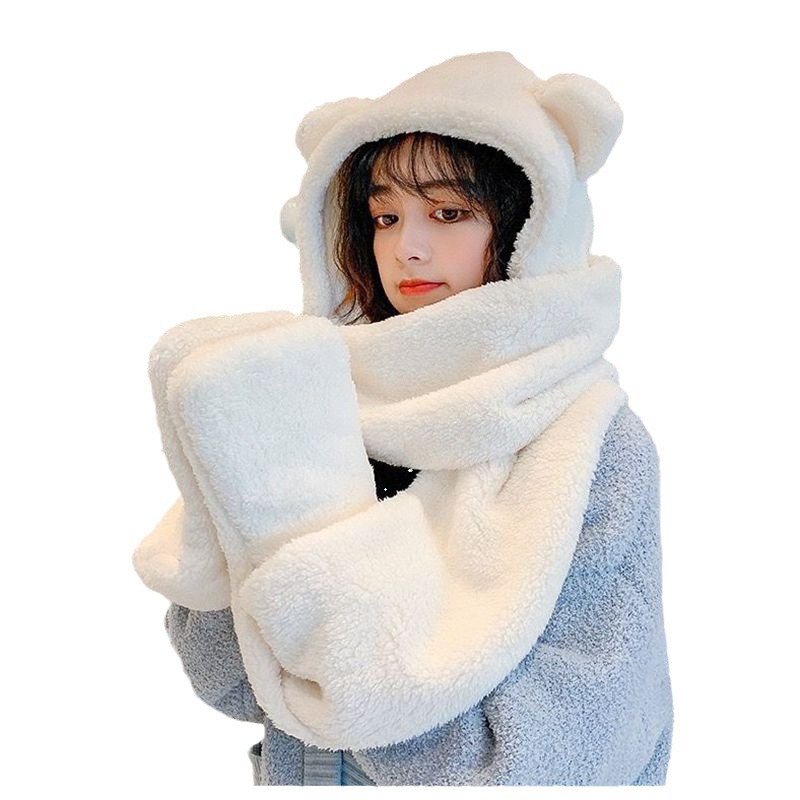 Teddy Bear Hat Women's Autumn Winter Plush Scarf One-piece Hooded Gloves Three Piece Warm Set