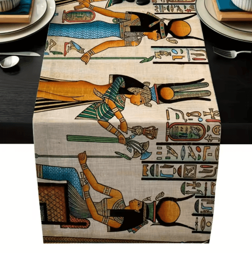 Ancient Egyptian Linen Table Runner – Ethnic Mural Boho Farmhouse Dining Decor