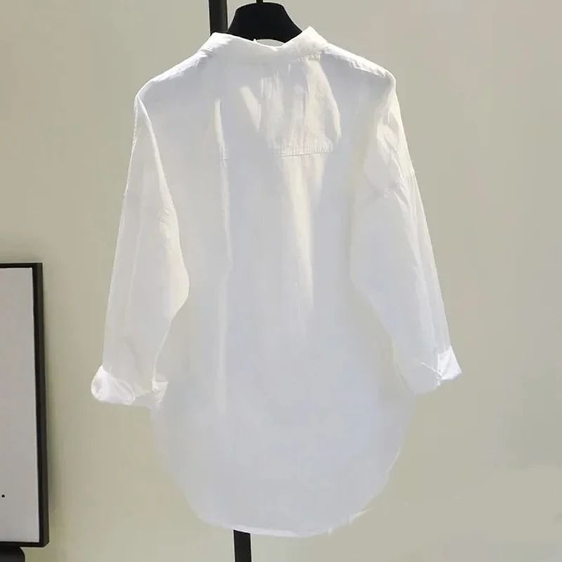 Long Sleeve White Women Shirt Casual Loose Office Button Blouse