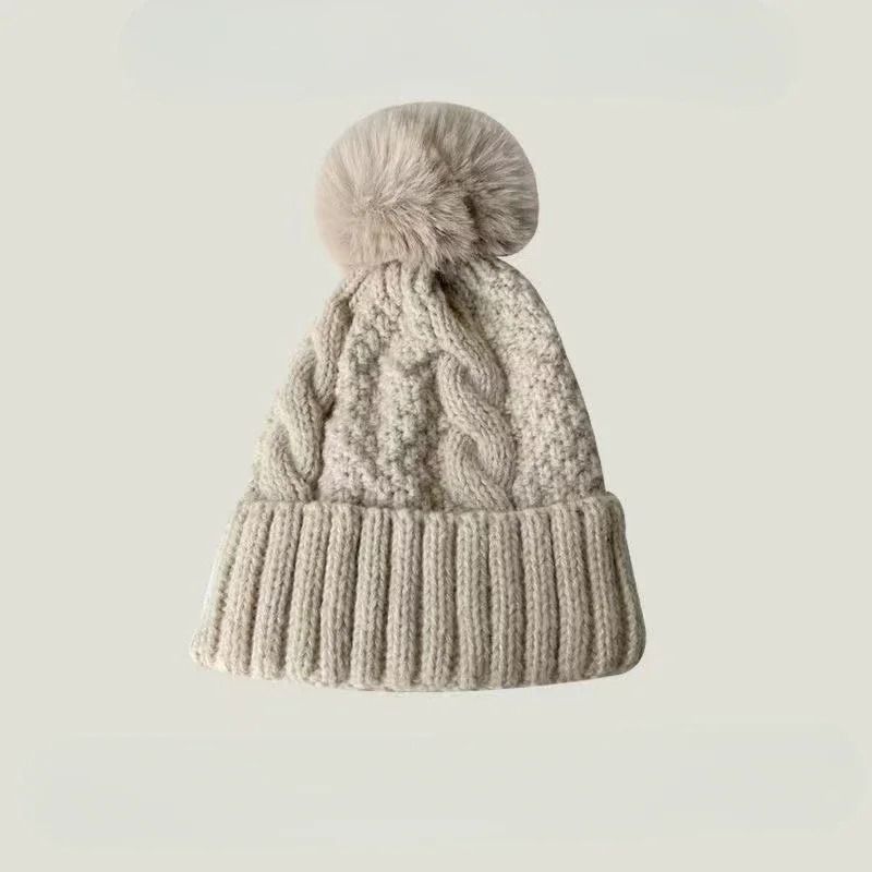 Winter Knit Beanie Hat with Fur Pompom Warm Velvet Lined Cap