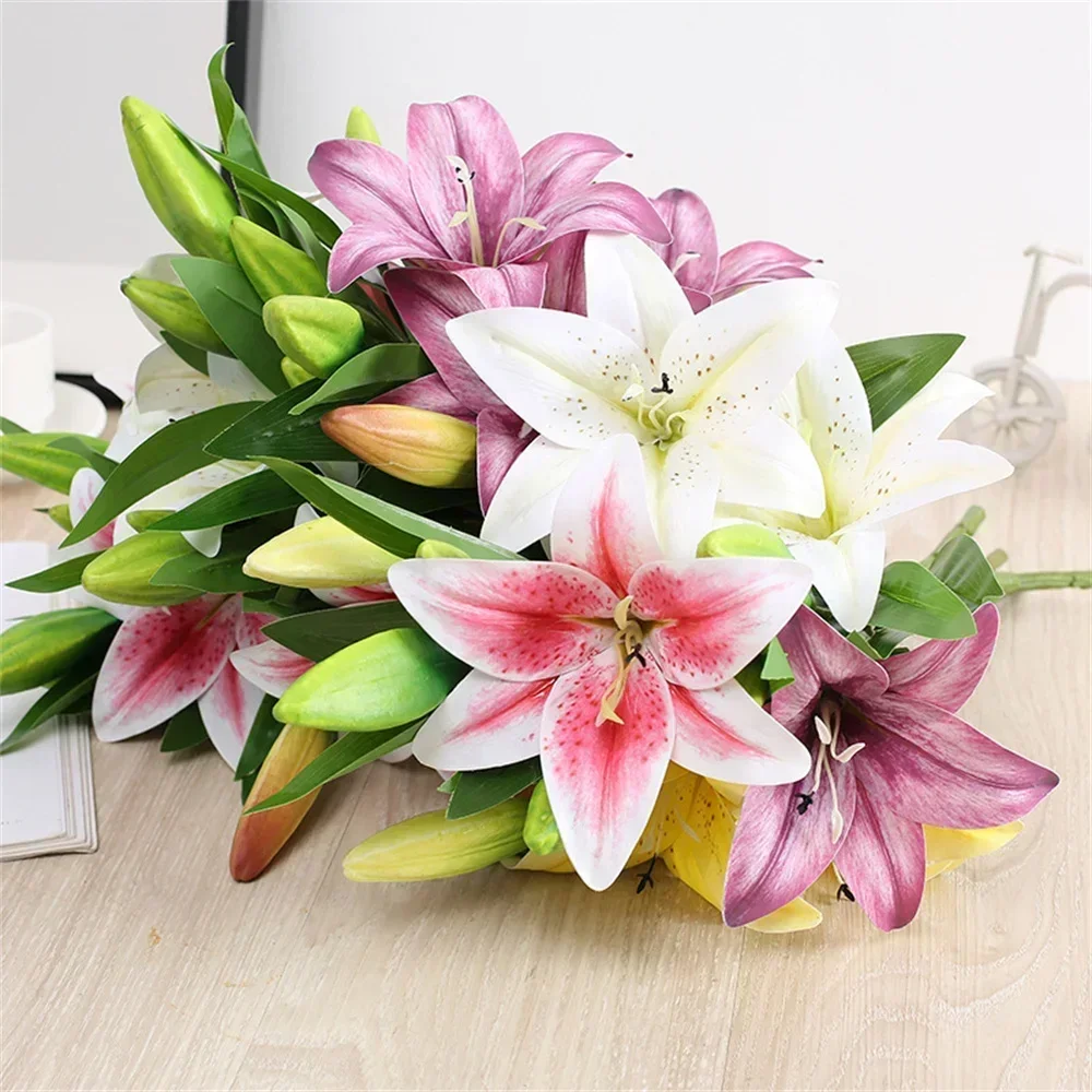 Artificial Lily Flower Wedding Bouquet, Two Flowers One Bud Branch for Home and Garden Decor
