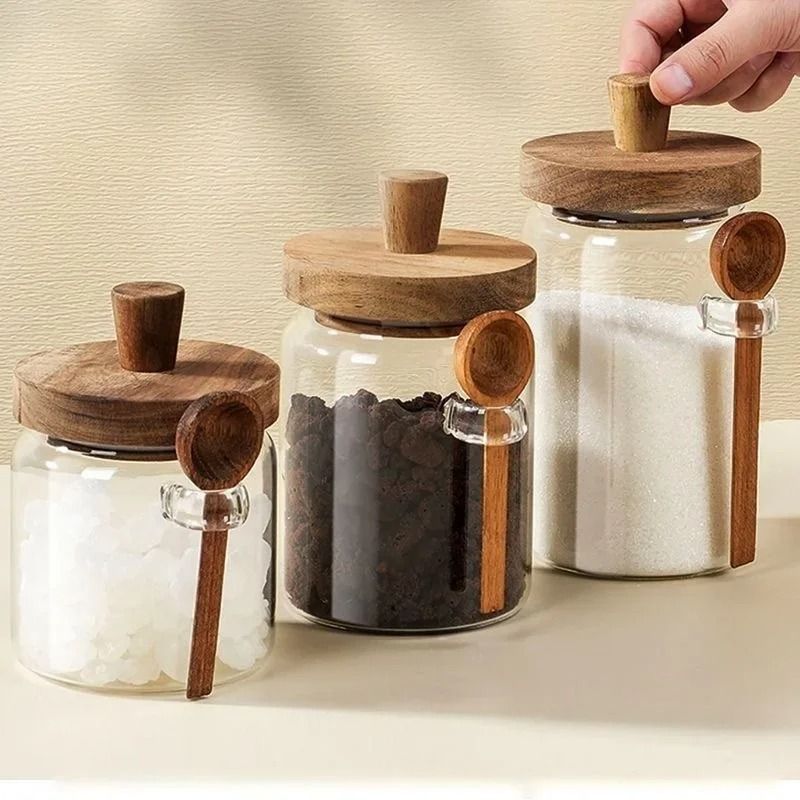 Artisan Borosilicate Glass Storage Jar with Integrated Wooden Spoon