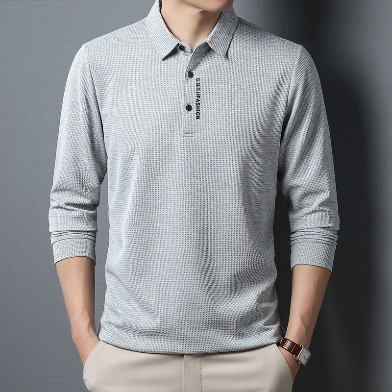 Men's Waffle Knit Polo Shirt – Long Sleeve Casual Letter Print Lapel Top