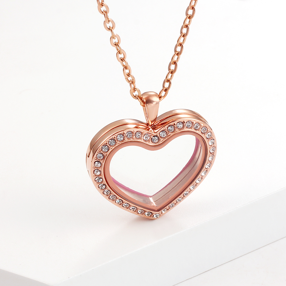 Stainless Steel Living Glass Locket, Peach Heart Floating Charm, Magnetic Closure Chain Necklace