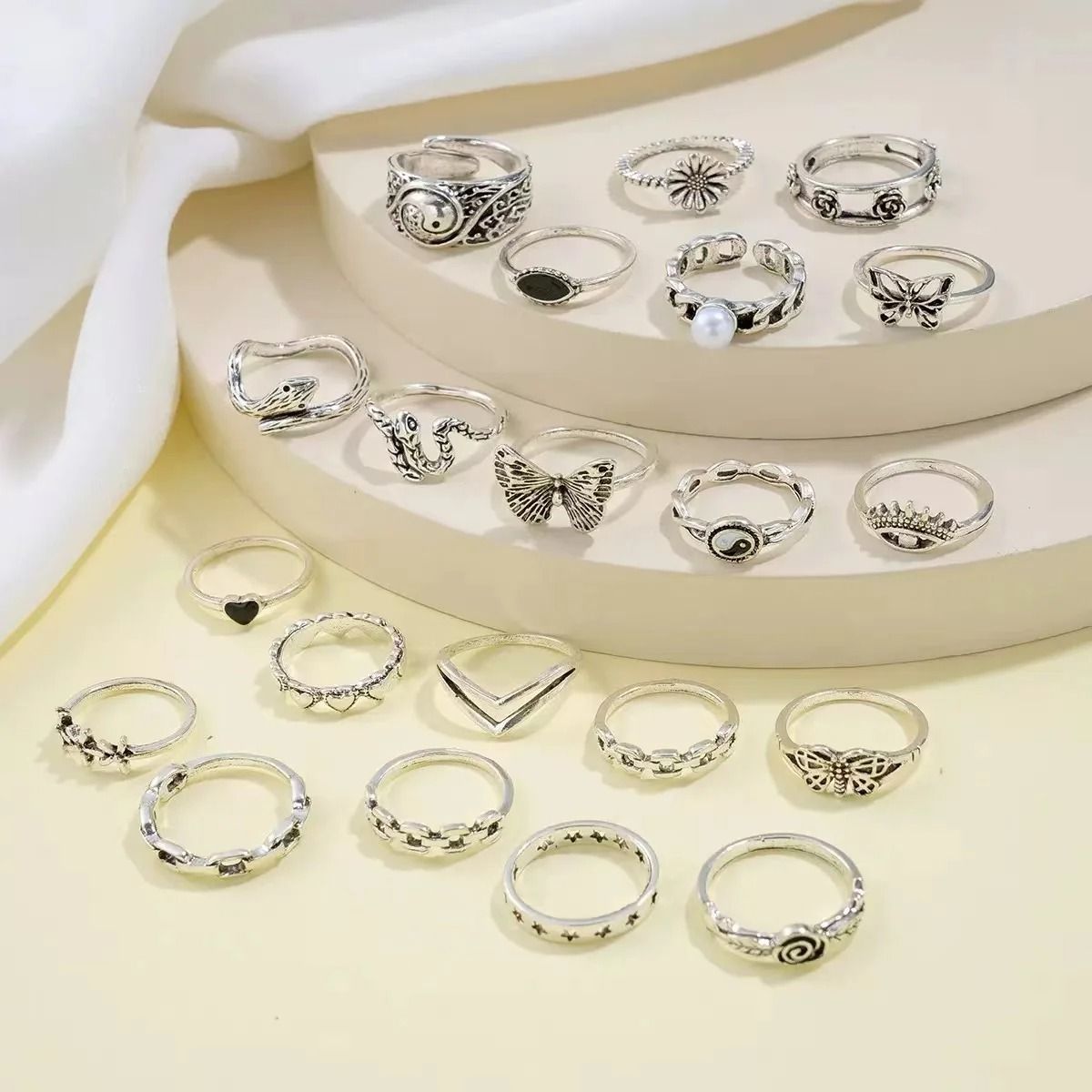 Punk Style Multi Element Ring Set with Butterfly Heart and Tai Chi Designs