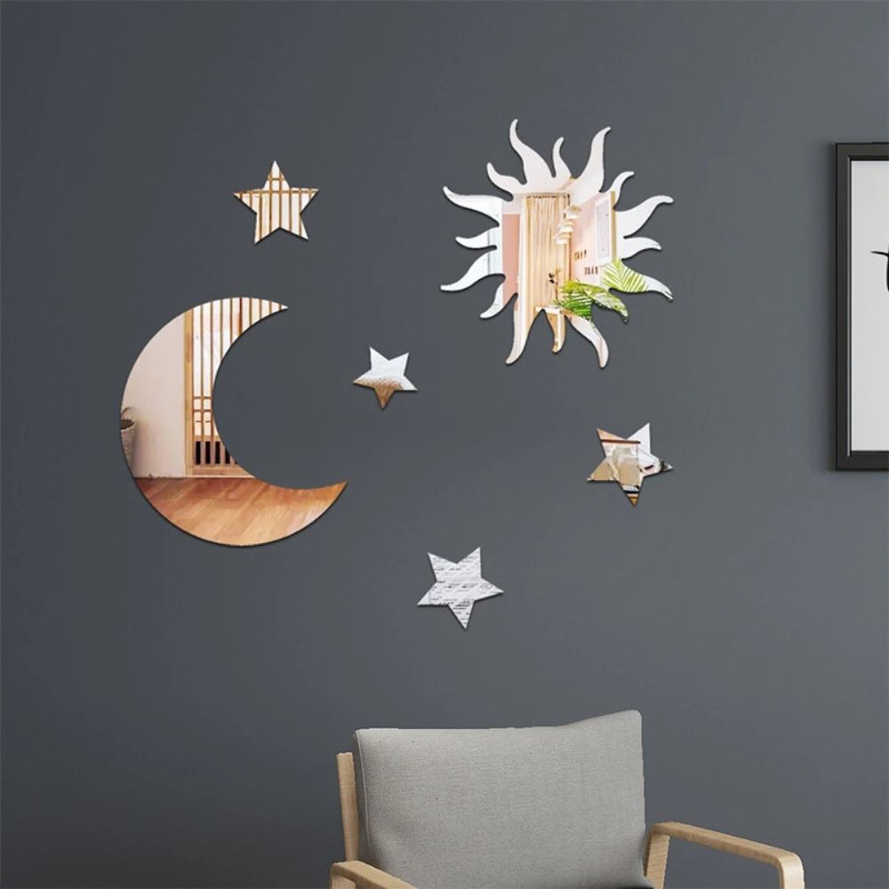 Star And Moon Mirror Wall Stickers Set Acrylic Self Adhesive Removable Decor 6 Pieces
