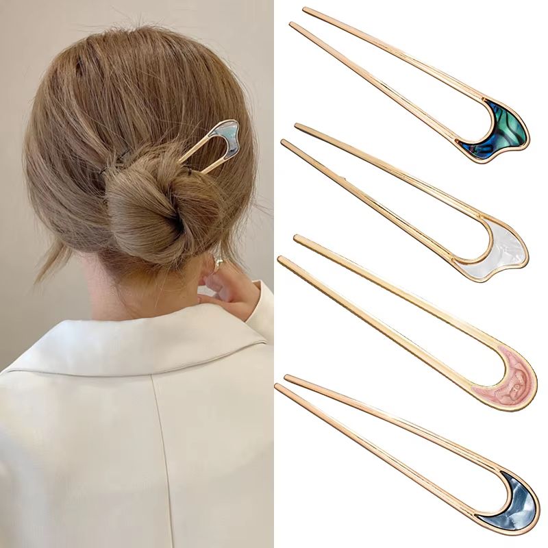 LunaShell shell hairpin – Silver & Gold Enamel U Shape Hair Stick for Women