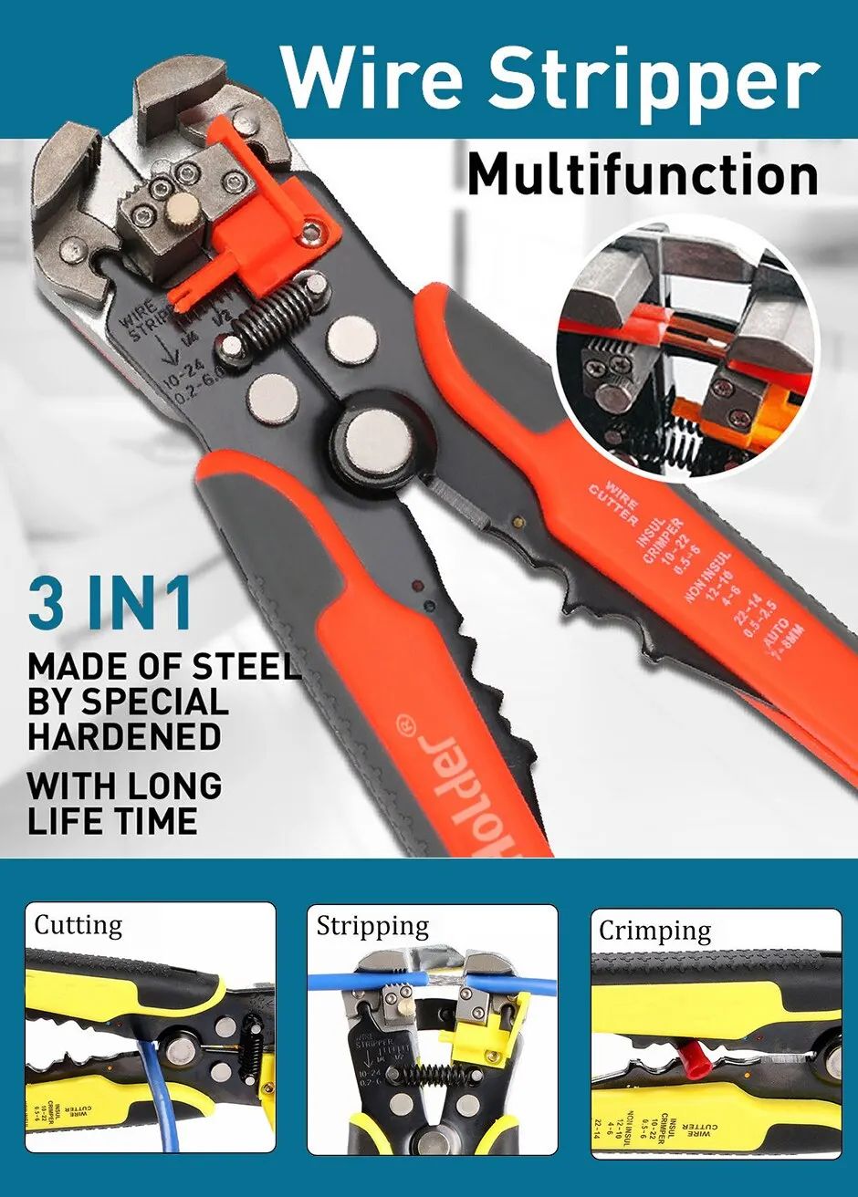 Automatic Wire Stripper Cutter Crimper - Professional Electrician Cable Tool, 10–24 AWG Multifunction Pliers