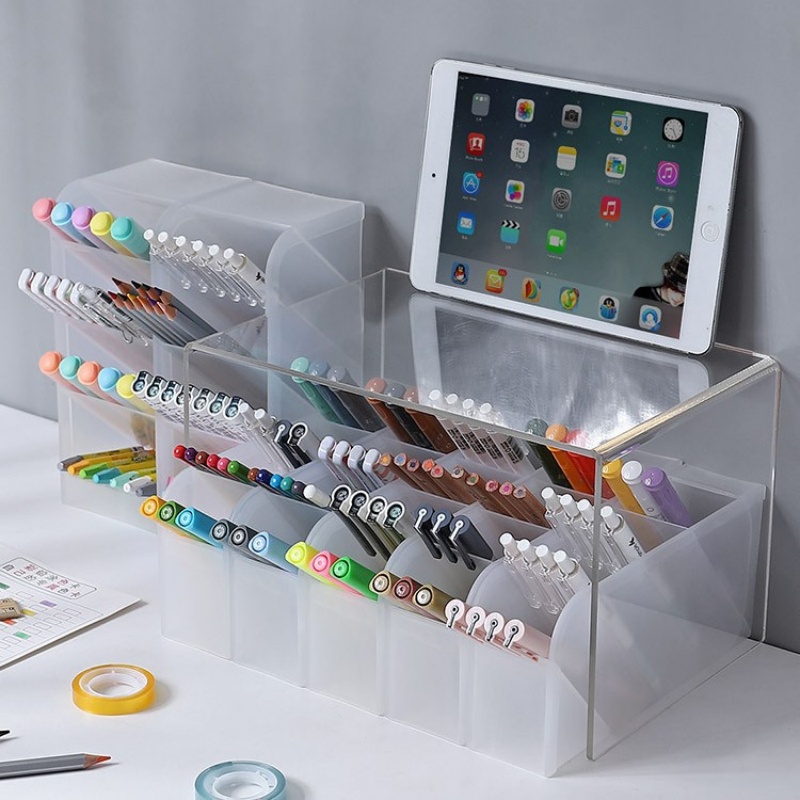 Large Capacity Matte Transparent Plastic Pen Holder for Desk Organization and Stationery Storage for Students