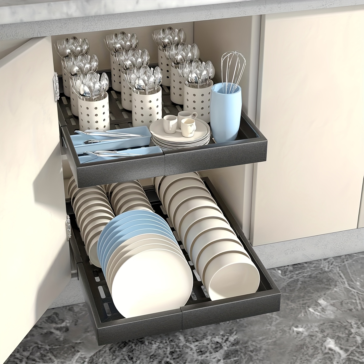 Pull Out Tray Organizer, Kitchen Storage Rack, Expandable Under Sink Cabinet, Silent Slide Drawer, Spice Boxes
