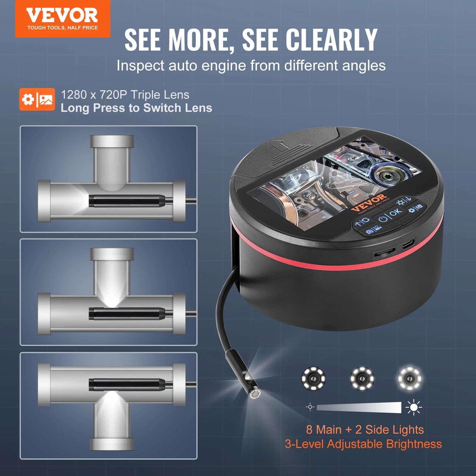 VEVOR Triple Lens Endoscope Camera with IPS Screen, Waterproof Inspection Borescope for Automotive, Plumbing, HVAC