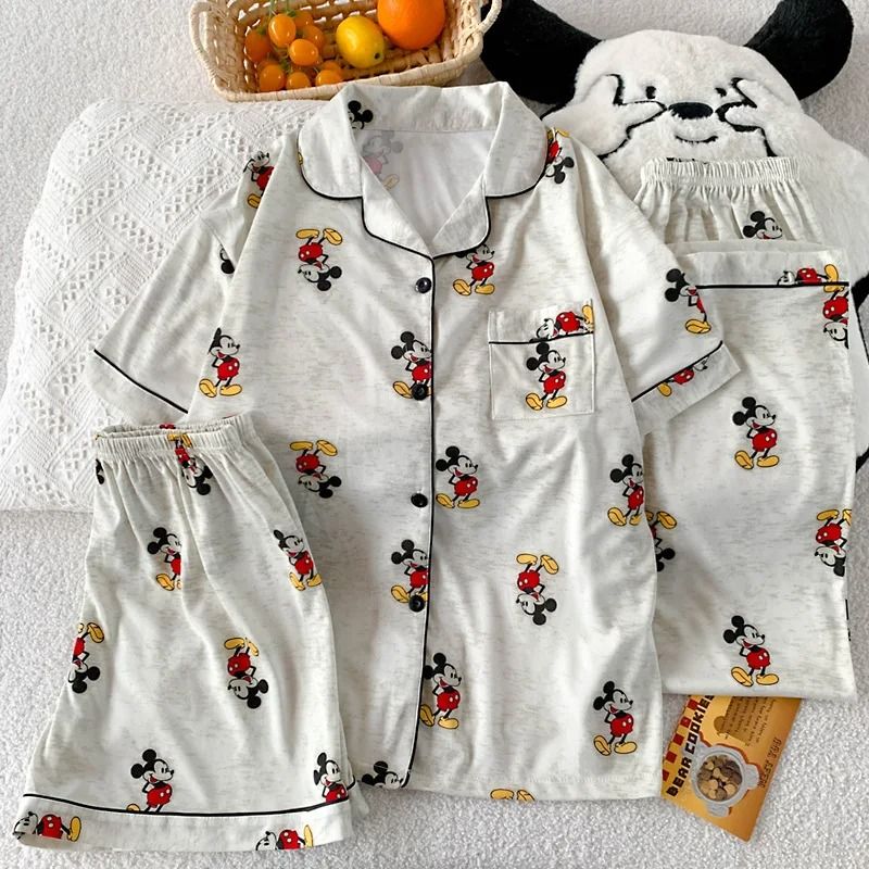 Womens 3 Piece Mickey Mouse Pajama Set with Short Sleeve Top Long Pants and Shorts