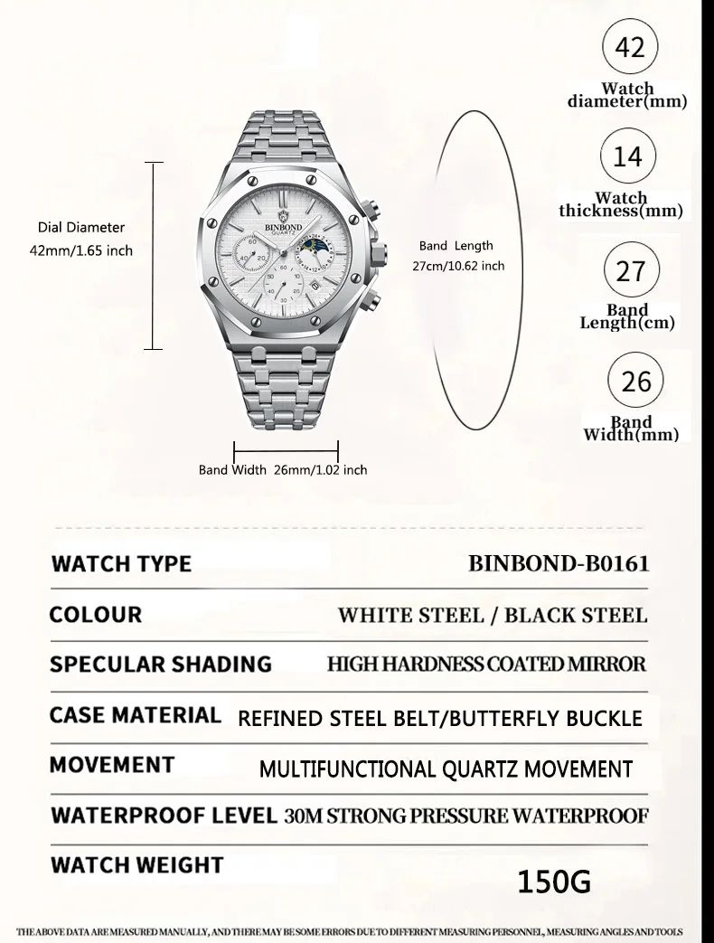 BINBOND B0161 Luxury Stainless Steel Men's Quartz Watch with Luminous Date & Chronograph