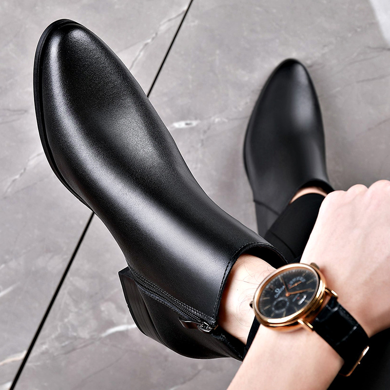 Men's British Business Leather Boots, Pointed Toes Chelsea Boots, Fashion Casual Shoes, High Heels and Fleece Design