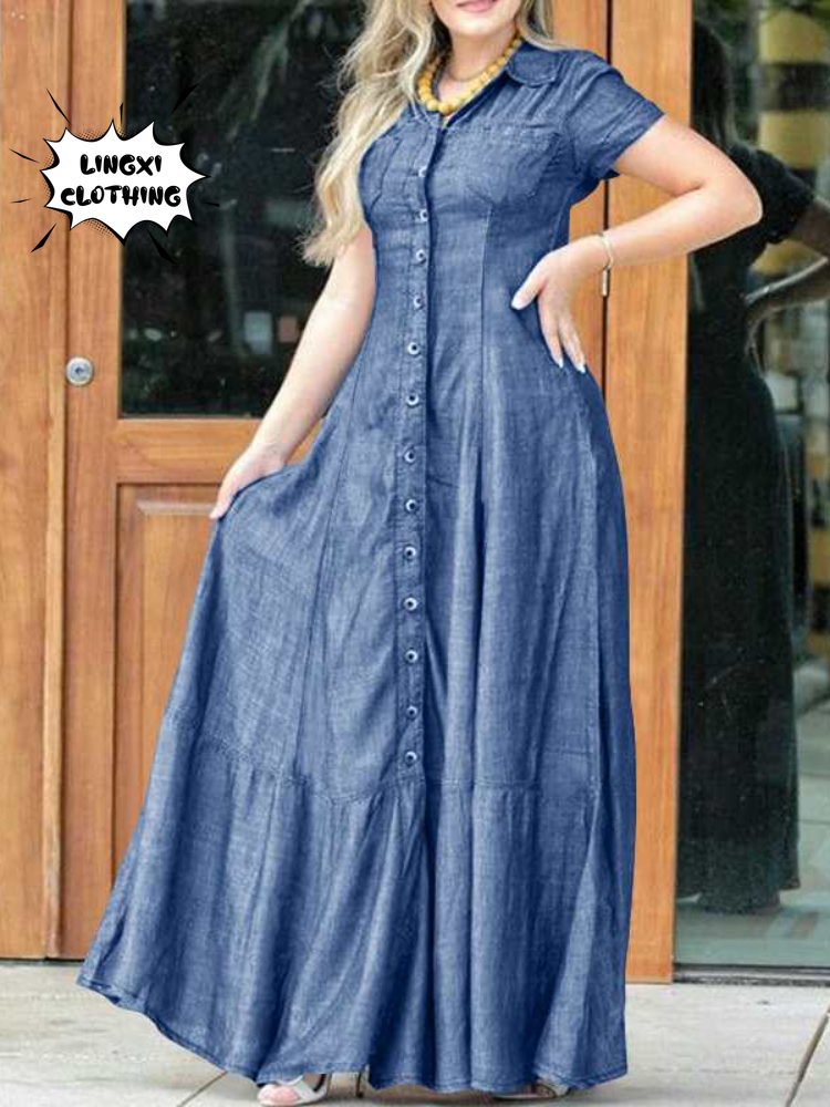 Casual Elegant Denim Dress with Long Sleeve Shirt Neck Pocket Large Swing and Single Breasted Design