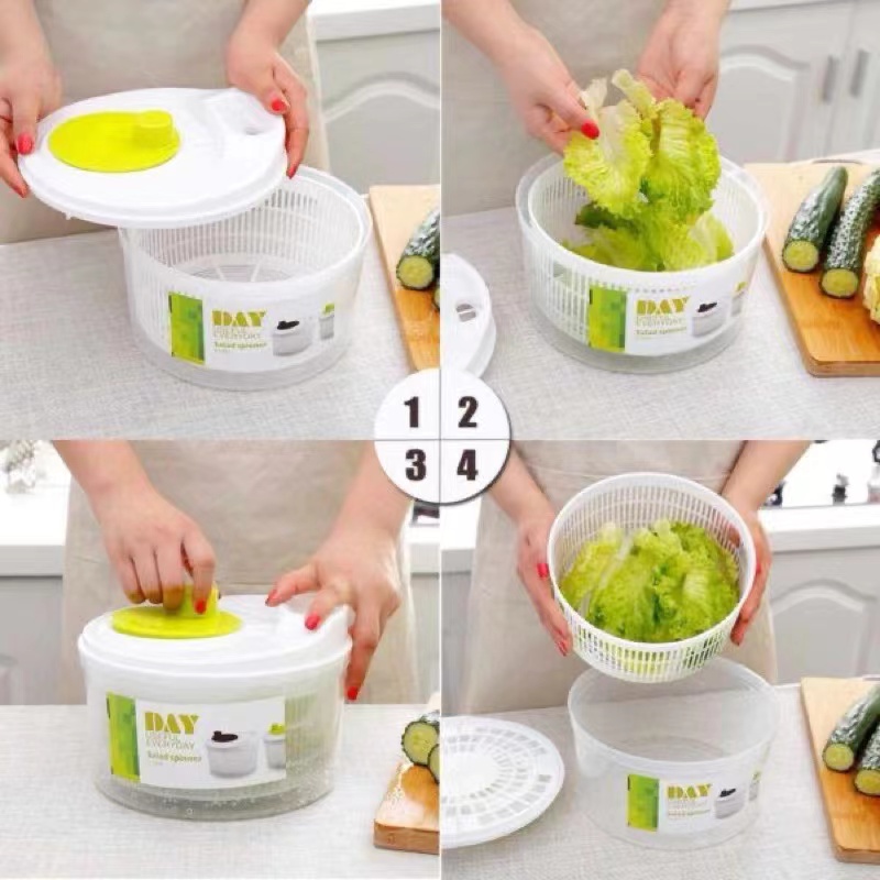 Household Vegetable Salad Washer Dehydrator, Kitchen Vegetable Washing Hand-Cranked Spinner with Double-Layer Draining