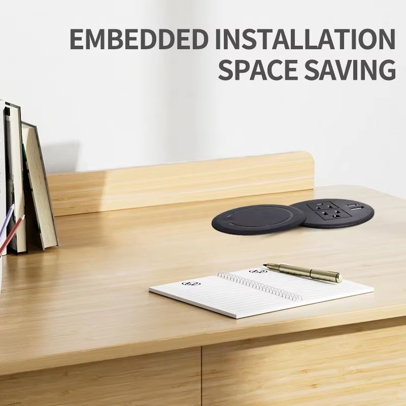 Recessed Desktop Power Socket – Round Multifunctional Plug with 2 Outlets, USB & Type-C Ports