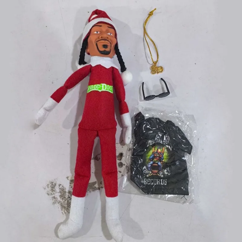 Snoop Dogg Snoop on a Stoop Christmas Elf Doll Plush Toy with Elf Tshirt, Sunglasses, Necklace Decor