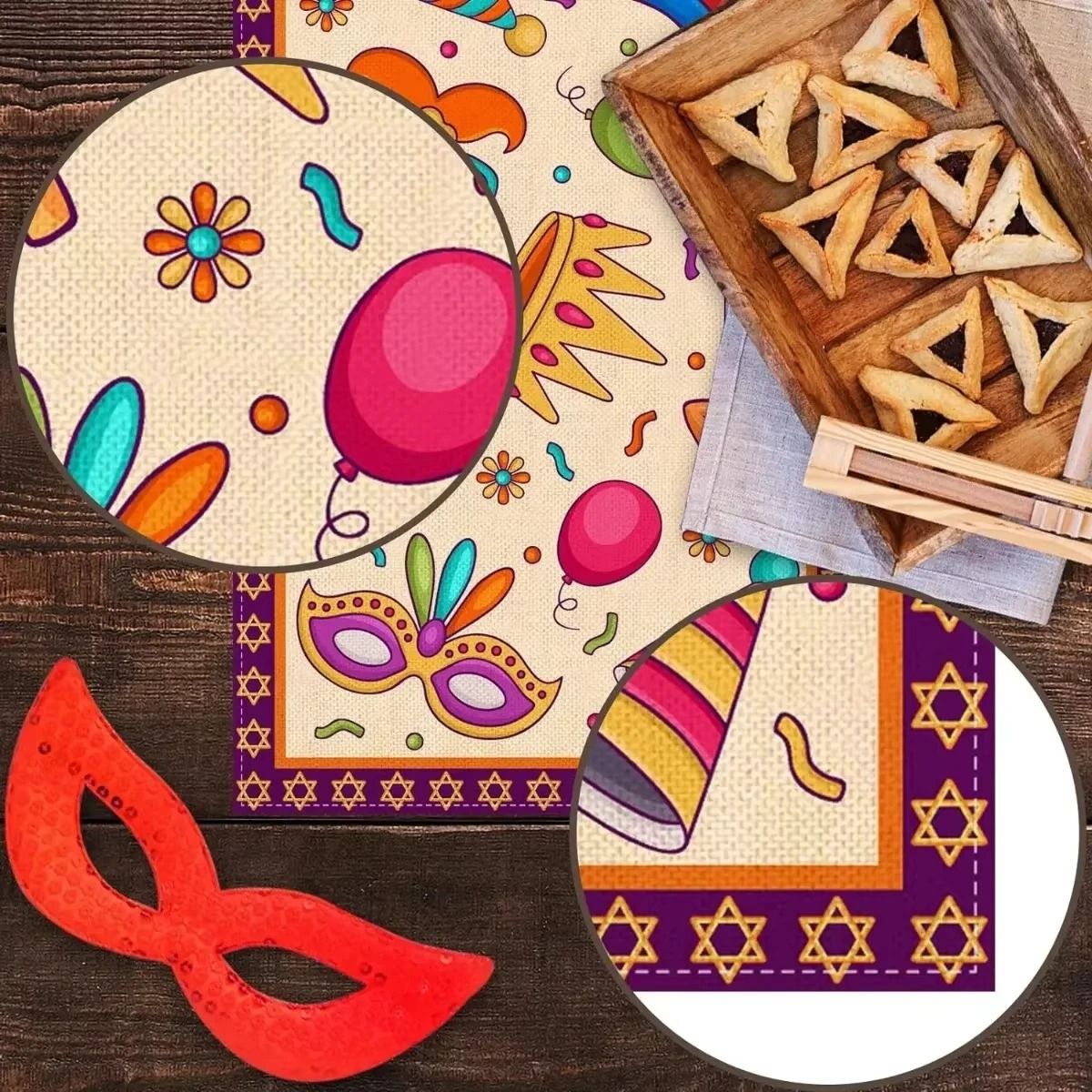 Festive Purim Celebration Mask & Crown Table Runner