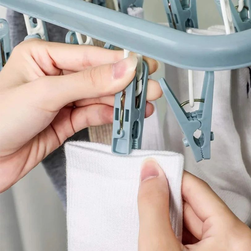 Foldable Clothes Drying Hanger with Multi Clips