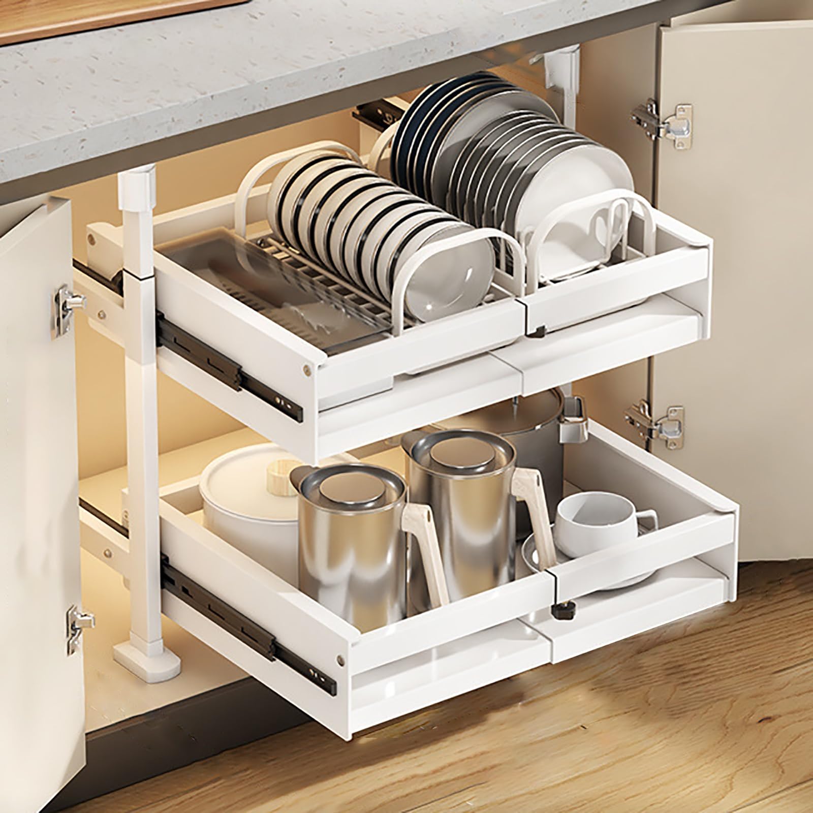 Pull Out Kitchen Cabinet Organizers Roll-Out Sliding Drawer Shelf for Household Storage Retractable Bowl Dish Storage