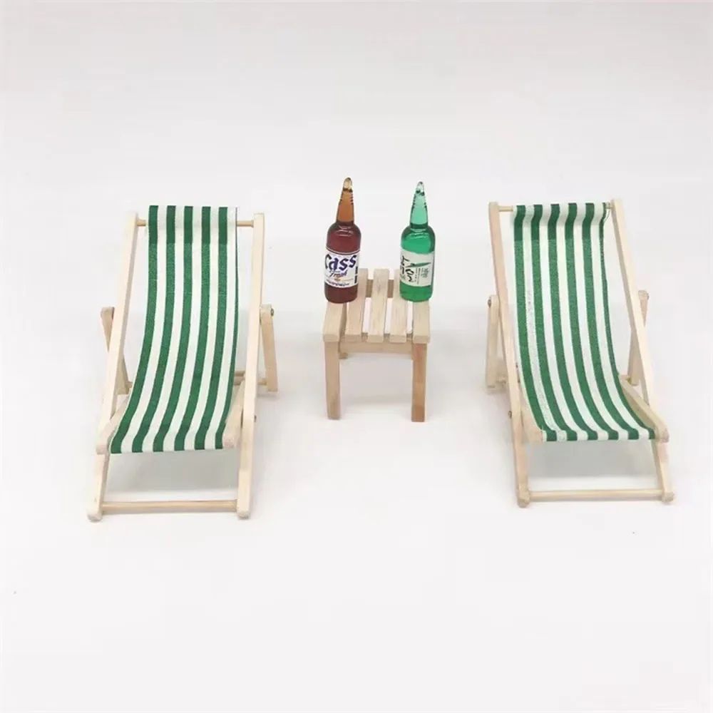 Dollhouse Beach Chair Set with Mini Beach Table, Foldable Wooden Beach Furniture