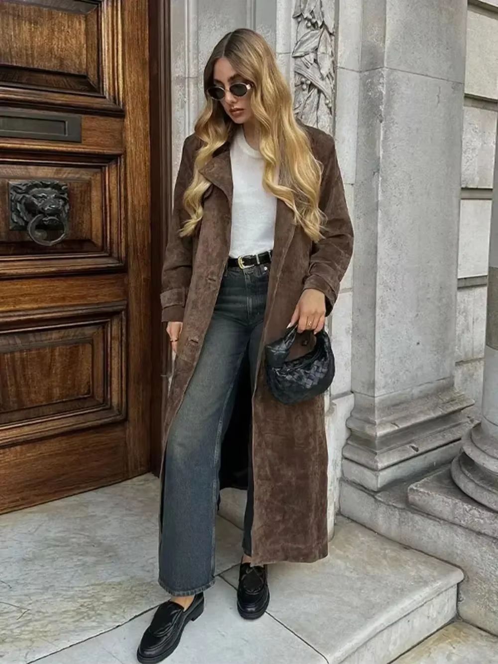 Chic Double Breasted Windbreaker Coat Faux Deer Fur Coat Women Elegant Lapel Autumn Coat
