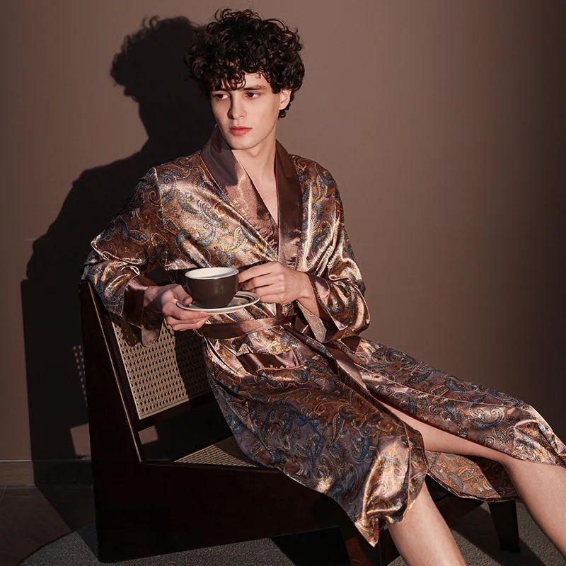 IceSilk Luxe Mens Lightweight Summer Robe – Breathable Printed Bathrobe & Loungewear