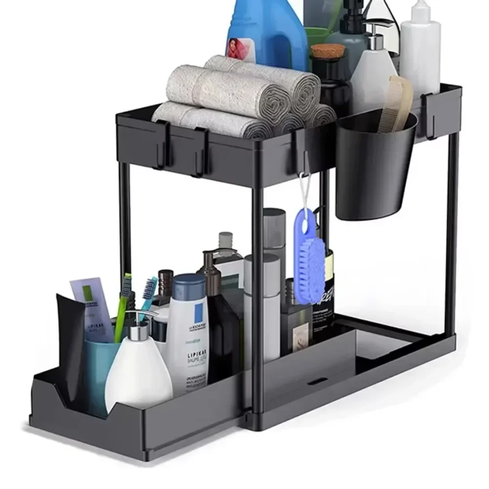 Sliding Cabinet Basket with Hooks, Under Sink Organizer, Bathroom Kitchen Space Saving Rack with Hanging Cup