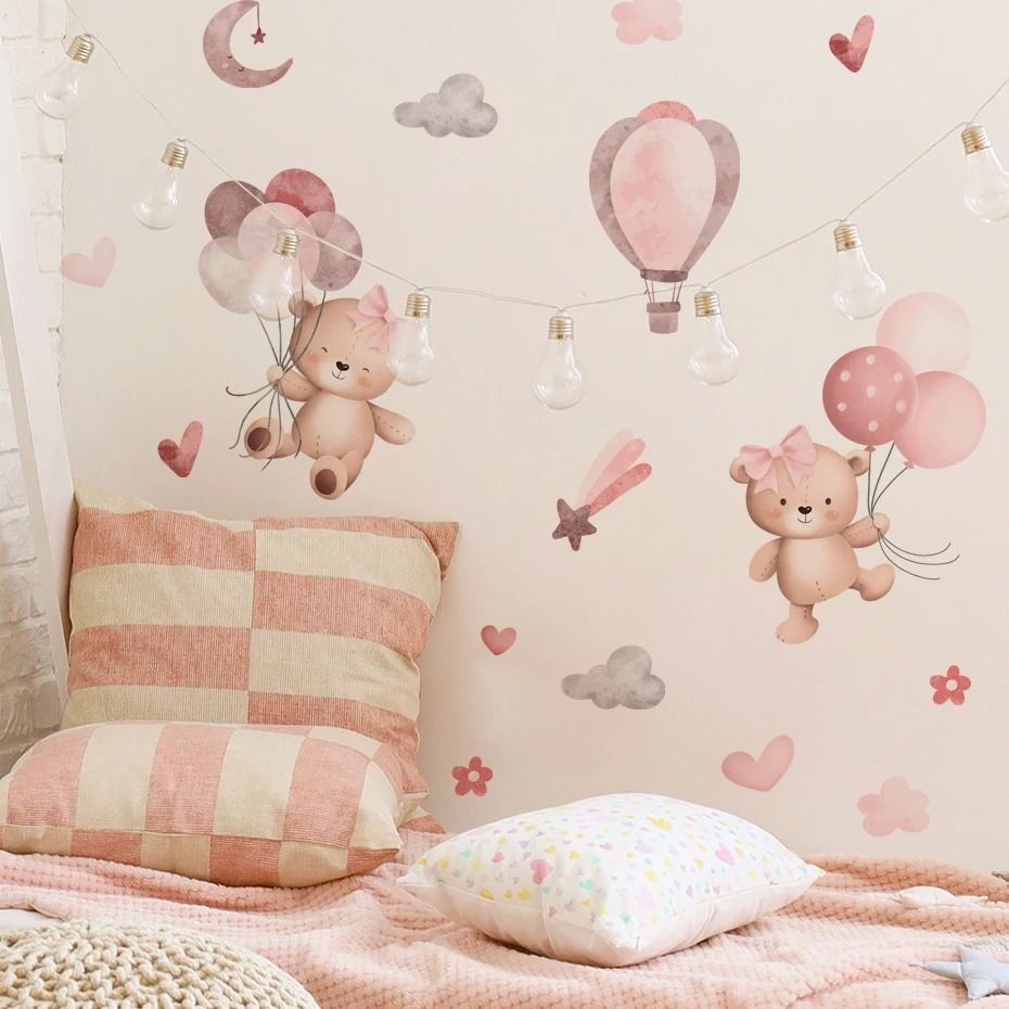 Pink Cartoon Bear Balloon Wall Stickers | Nursery & Kids Room Decor