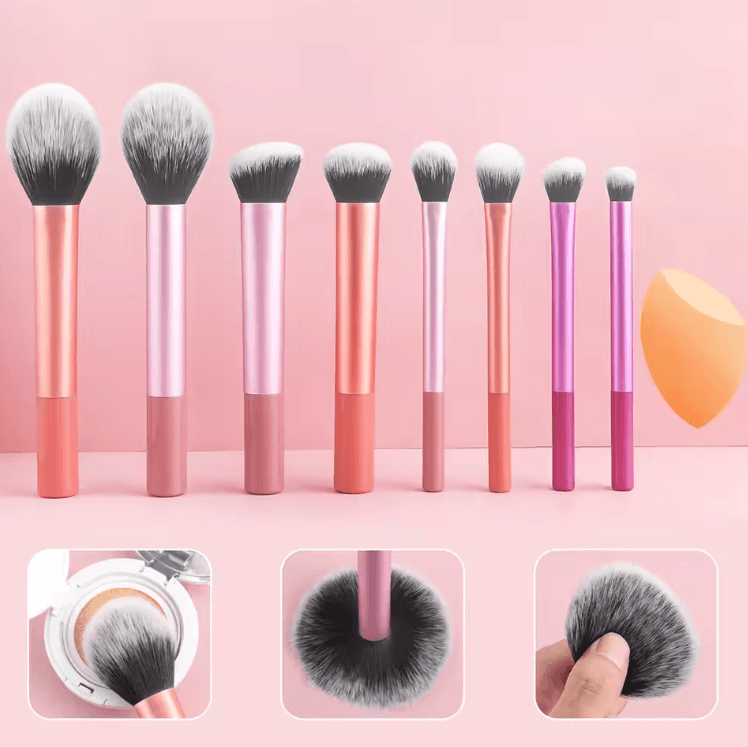 Complete 8 Piece Makeup Brush Set with Dual Use Beauty Sponge for Flawless Daily Makeup