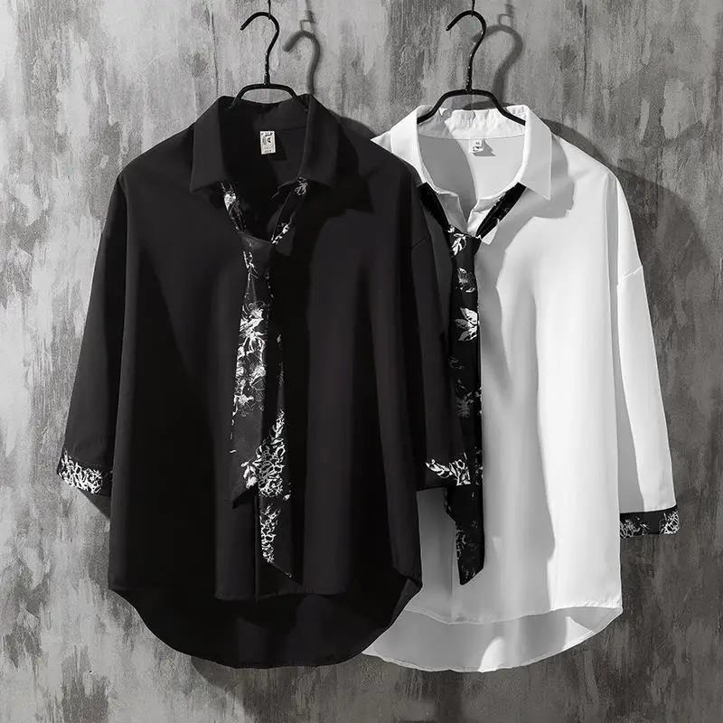 Spring Autumn Popular INS Short Sleeves Japanese Style Casual Shirt Mens Loose-Fit White Collar Button-Up Top for Summer