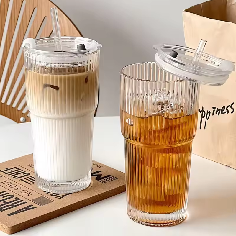Large Capacity Transparent Glass Coffee Cup with Lid and Straw Reusable Juice & Iced Coffee Tumbler