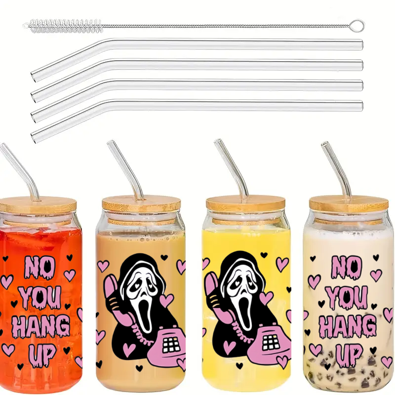 Glass Cups Set with Lid, Straw and Brush for Halloween Party Coffee Juice Milk Tea