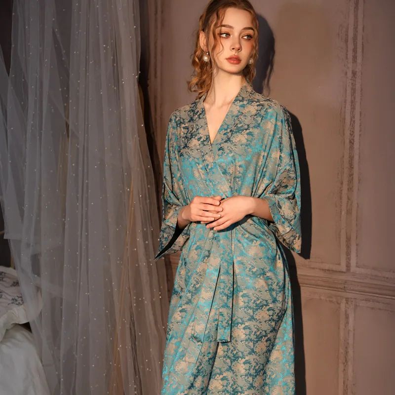 Silk Jacquard Kimono Robe – Luxury Satin Ice Silk Long Womens Bathrobe