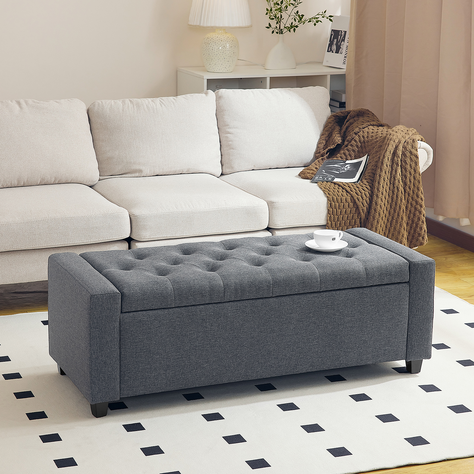 Storage Ottoman, Folding Storage Bench, Foot Rest Stool, Flipping Lid, Safe Hinge for Living Room, Bedroom, Entry way